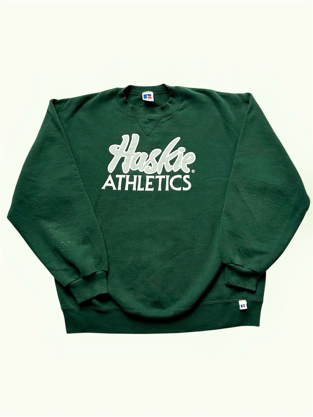 Vintage Y2K Russell Athletic Huskie Athletics Varsity Crewneck Green USA Large